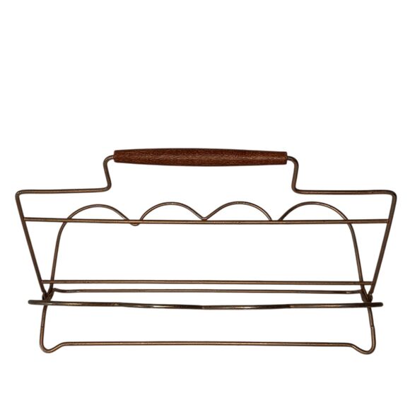 Vintage Mid-century Modern Gold Metal  8 Glass Holder Caddy Wooden Handle - Picture 1 of 10